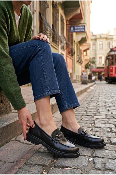 fort Ventes 35837 Black Open Buckle Detailed Comfortable Loafer Women's Shoes