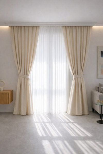 MZN Home Düz Kenarlı Korniş Uyumlu Bej Renk Keten Salon Perdesi - Bağcık Hedi...