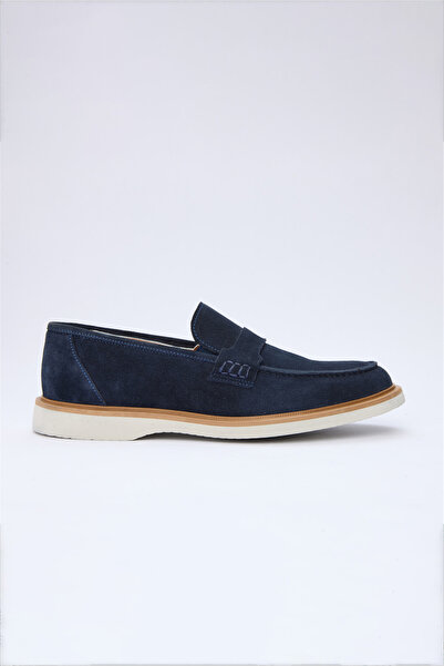 İmza Navy Blue Laceless Suede 100% Leather Shoes 1033260166