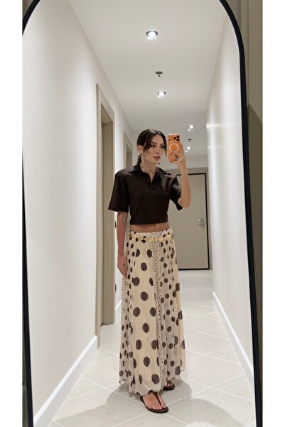 Duya Butik BEJ PUANTİYE DESENLİ ŞİFON ETEK