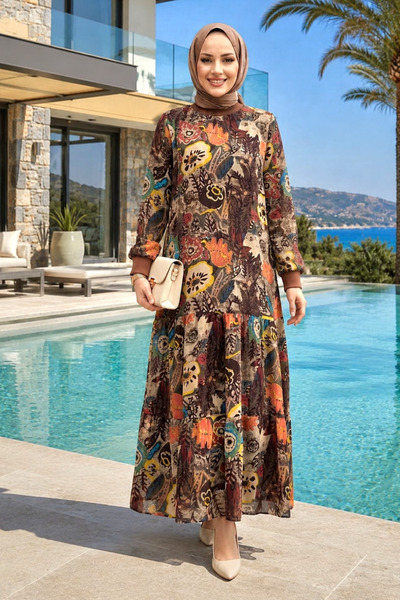 Hb Harma Time Butik Women's Embroidered Patterned Chiffon Brown Dress