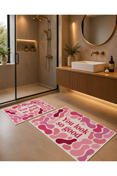Evmila Pink and White Retro Wave and You Look so Good Written Bathroom Mat Do...