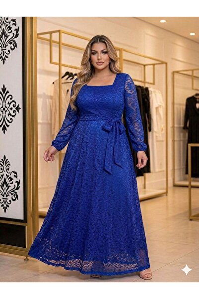CİXAPLE Kare Yaka Dantelli Maxi Boy Elbise