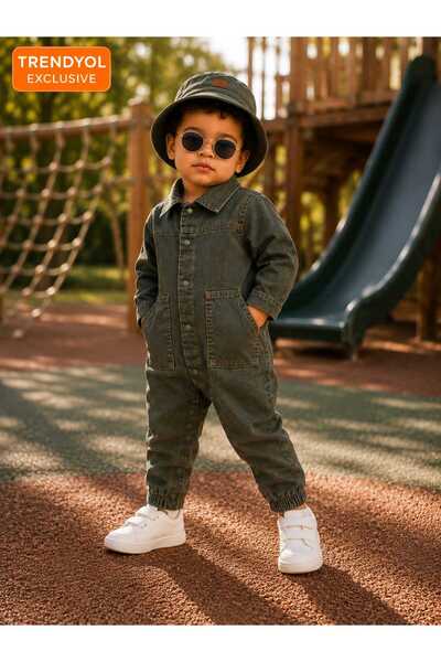CROCODAYS Unisex Kids Baby Jeans (Jeans) 2-Piece Lycra Jumpsuit with Hat (6/9/12/18) Months