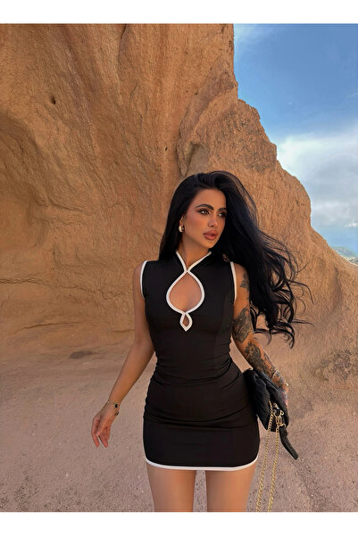 kırmızı butiks Black Dress with Piping at the Neckline