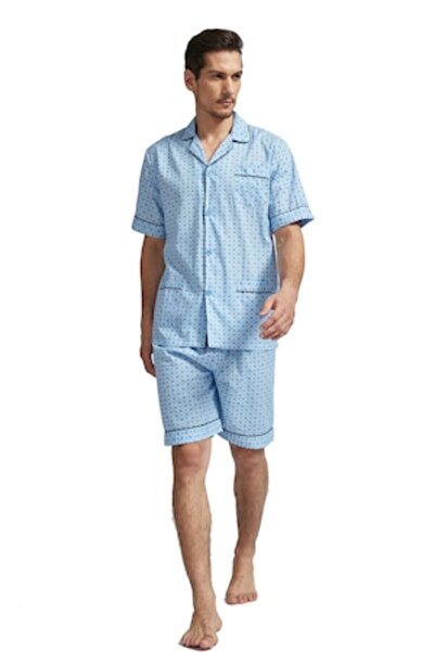 Global Men's short Cotton pajamas, Short-Sleeved, blue Checked pattern, 46EU, S