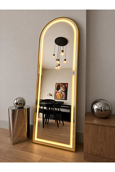 EFFE YAPI DEKOR Ledli Gold Metal Çerçeveli 180x60 Cm Ayaklı Boy Aynası