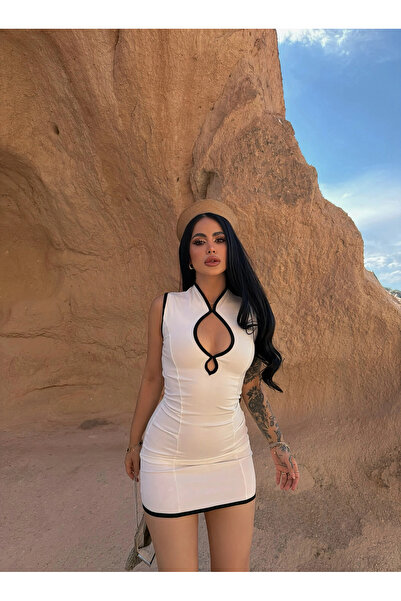 kırmızı butiks White Dress with Drop Collar and Piping