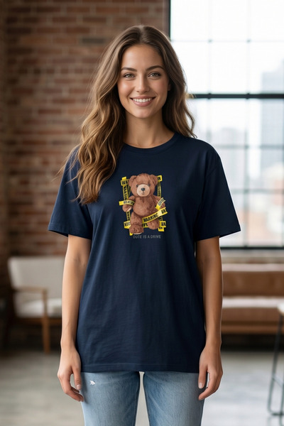 DK DAKSEL Navy Blue Color Warning Teddy Bear Printed Women's T-Shirt Cute Is ...