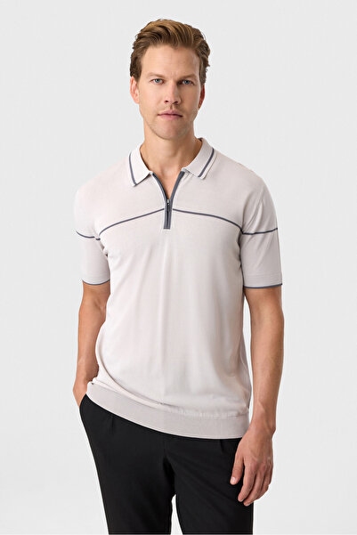 Back And Bond Gray Regular Fit Zippered Polo Collar Knitwear T-Shirt