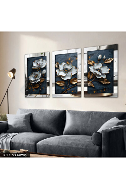 Evinemoda Antique Detailed Gray Flower 3 Piece Plexi Mirrored Table