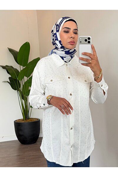 Moodbasic Kristal Serpme Taşlı Kot Ceket - Ekru