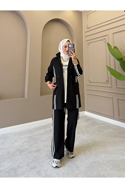 moda4b طقم نسائي من 3 قطع من الكريب المزدوج مع سترة طويلة بسحاب وتي شيرت وبنط...