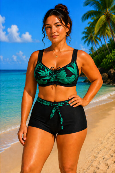 FUBA New Plus Size Women's 2-Piece Swimsuit with Bustier and Tropical Boxer S...