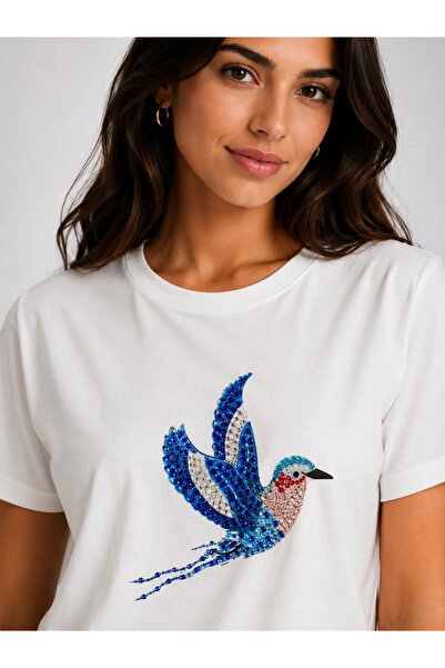 bysoca Women's White Crew Neck Short Sleeve Blue Bird Printed Beaded and Ston...