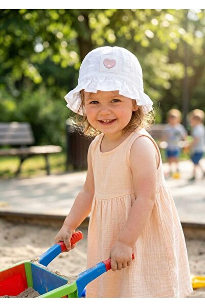 Kitti 100% Cotton Girl's Ruffle Hat with Heart and Pearl Details