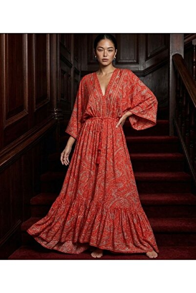 moda gk Shawl Pattern Shiny Detailed Bohemian Indian Silk Dress - Red