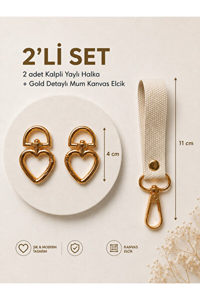 ALYA 2 Pieces of Gold Heart Spring Ring + Gold Detailed Hooked Hook (Set of 2)