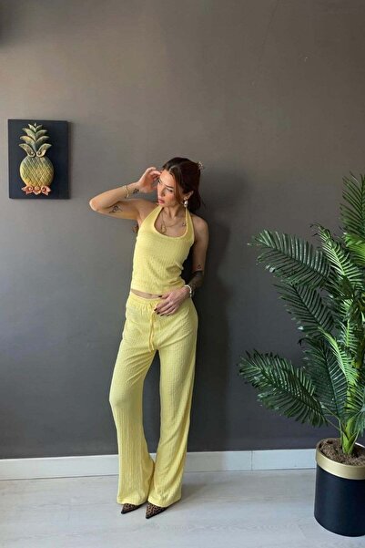 Vadon 1010 Kadın Bürümcük Dokulu Halter Yaka Crop Atlet Bol Paça Pantolon Tak...