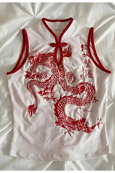 8line Beyaz Ejderha Motifli Kırmızı Şeritli Qipao Y2K Kısa Kollu Crop