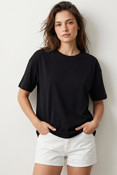 Elemge 100% Cotton Single Jersey Tok Fabric Women's Boxy Fit Black T-Shirt Lo...