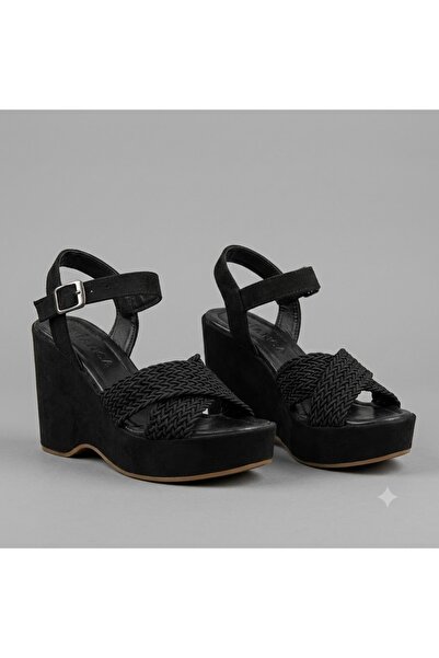 KİNDEP (Bianca) Wedge Platform Heel Women's Sandals Black
