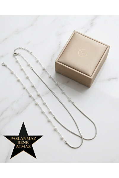 stainless steell 316L Steel Silver Pearl Wrapped Women's Necklace 170 cm