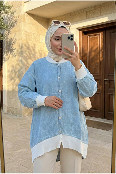 Kirazca Butik Women's Denim Shirt with Ribbed Trim, Loose Fit, Islamic Clothi...