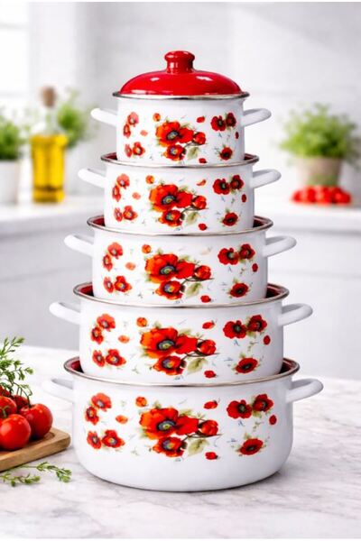 Arian Top Bottom Set of 5 enamel pots with Arian lid, capacity 2L, 2.8L, 3.8L...