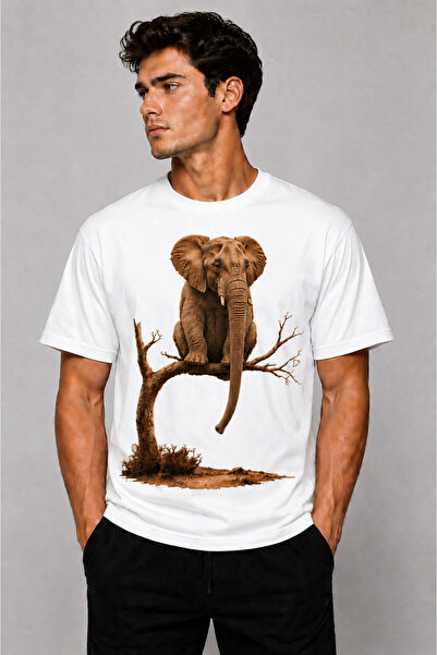 VODEXA Men's Oversize T-Shirt Sitting Elephant Printed 100% Cotton T-Shirt Co...