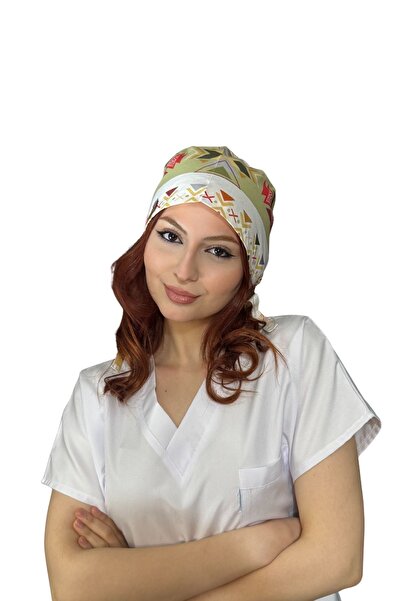 ÇİMEN BUTİK Pamuklu Poplin Cerrahi Ve Aşçı Bone Yeşil Etnik Desenli