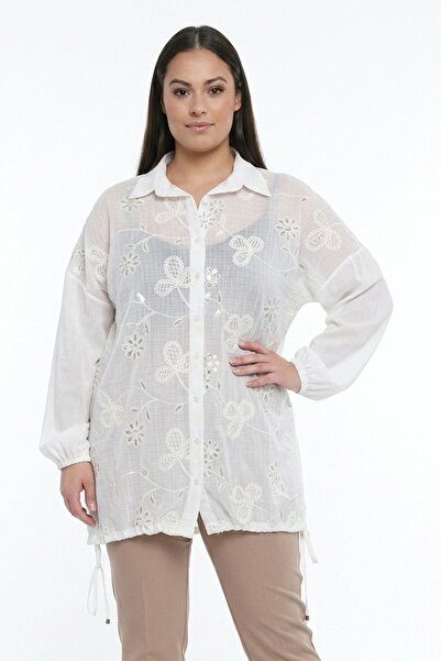 By Saygı Women's Italian Floral-Branch Embroidered Plus Size Shirt