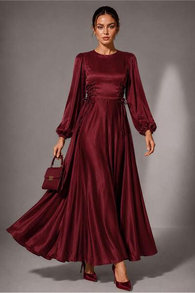 TRENDTESETTÜR KADIN BORDO SATEN ABİYE ELBİSE T 0516