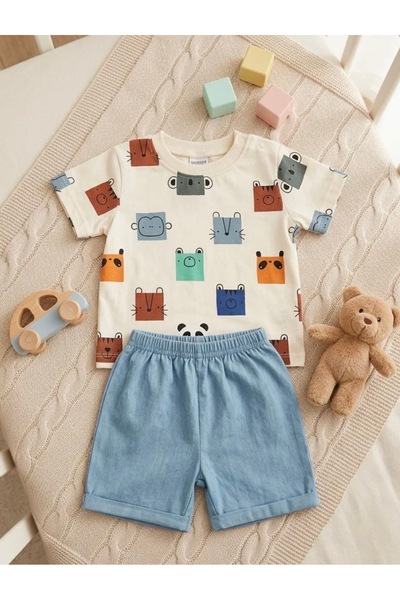 AKİ MODA KİDS Cute Animal Patterned Baby Boy 2-Piece Summer Set
