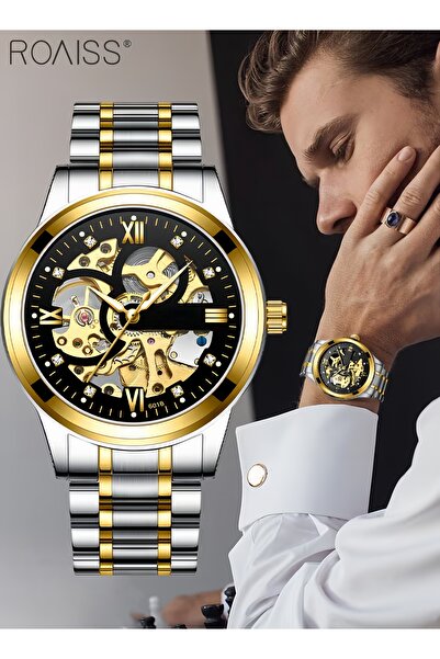 ROAISS Mens Stainless Steel Mechanical Watch Analog Round Gold Dial Hollow Pa...
