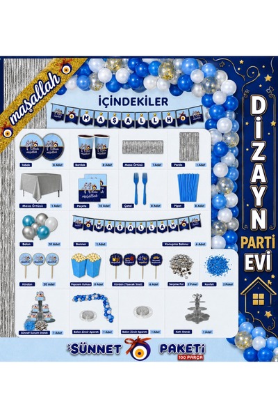 Dizayn Parti Evi Maşallah Sünnet Parti Seti 100 Parça Mavi Gümüş Konsept Sünn...