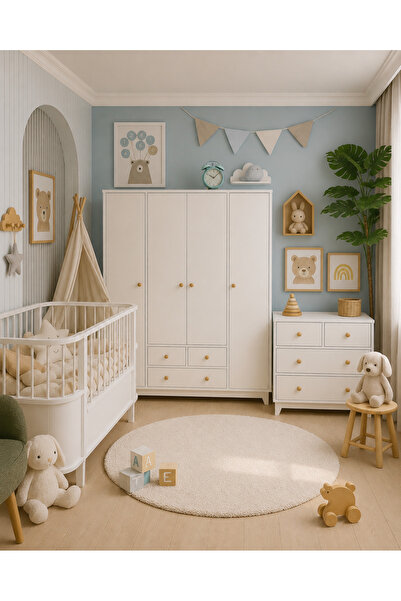 Koza %100 MDF Bonnie Beyaz 4 Kapılı Bebek & Çocuk Gardırop & Bonnie 4 Çekmece...