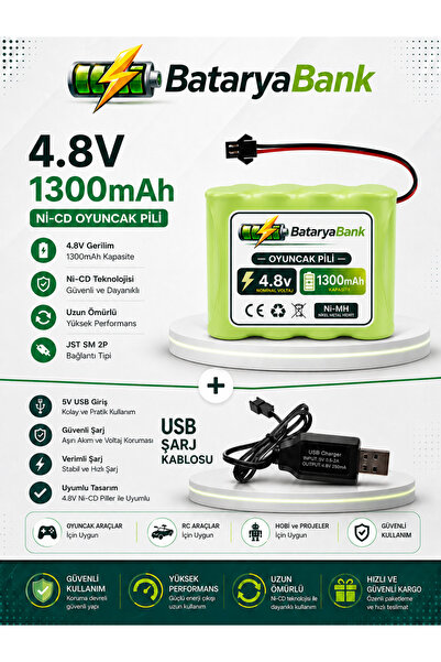 BataryaBank 4.8V 1300mAh Oyuncak Araba Pili Siyah Soket + USB Şarj Cihazı | R...