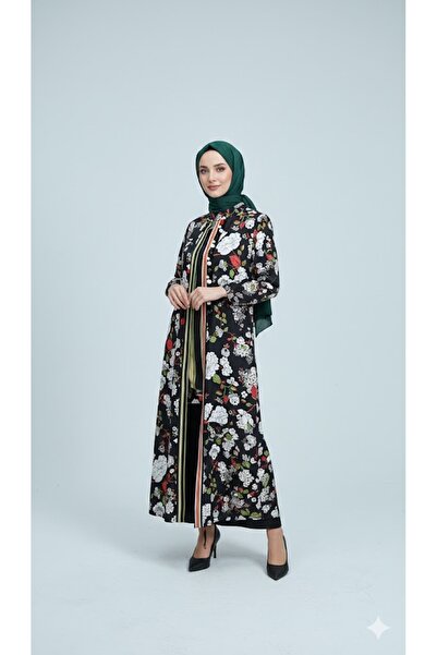 berryz Kadın Çiçek Desenli İkili Tunik Abaya Kimono Takım