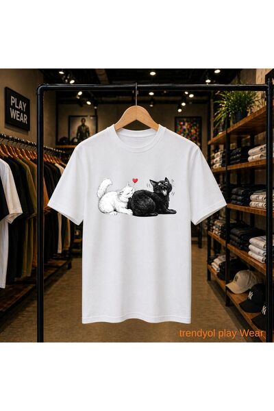 playwear Biting Cats Printed 100% Cotton Oversize Loose Regular Fit Crew Neck...