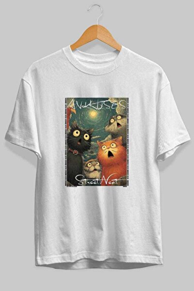 Ankhises For the Sake of Cat Love 110 Front Cat Printed White Oversize T-Shir...