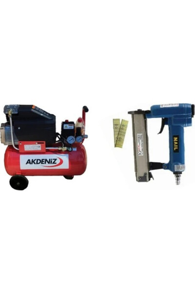 Akdeniz 24 Lt. Yağlı Hava Kompresörü+Nail 625-C3 06MM Havalı Pin Çivi Tabancası