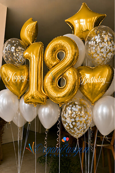 Organizasyon Pazarı Gold Rakam 18 Yaş Balon Seti Gold Kalp Yıldız Konfeti | H...