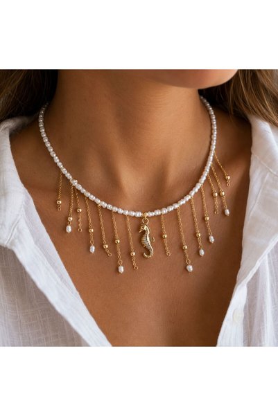 BIJUTERI Kly-1040 Pearl Sea Horse Tassel Necklace |   Eos Collective