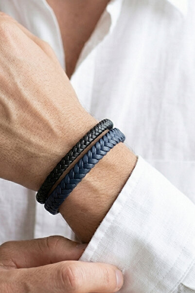 VAOOV Black and Navy Blue Double Row Braided Leather Men's Bracelet