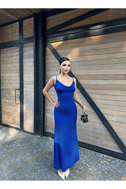 mekabutik Blue Slit Detail Drape Collar Long Dress