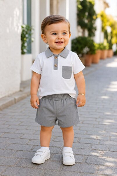 LUMİNO KİDS Erkek Bebek Polo Yaka Keten Şortlu Yazlık 2’li Takım 6-24 Ay