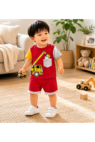 pio Kids Pocketed Cat Appliqued Work Machine Printed Summer Shorts Set Summer
