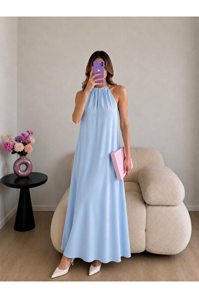Ekim Store Gold Zincir Halter Yaka Maxi Elbise