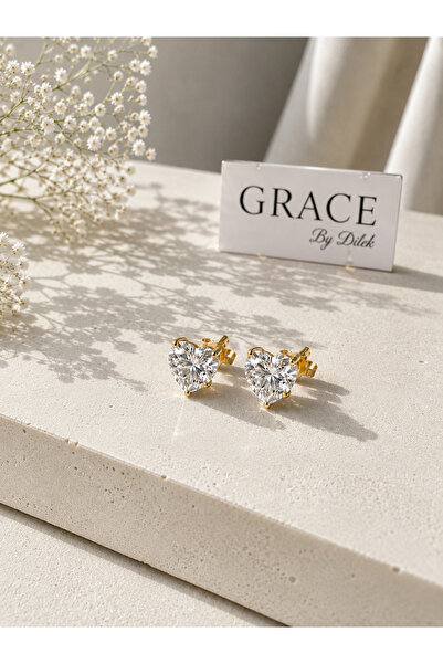 GRACEbyDilek Altın Kaplama Tek Taş Minimal Kararmaz Kalp Küpe